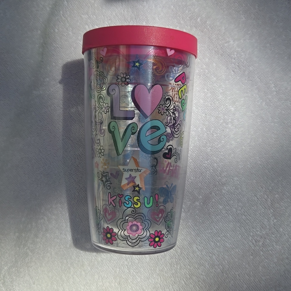 Pink Floral & Heart Acrylic Travel Tumbler 16 Oz New Without Tag